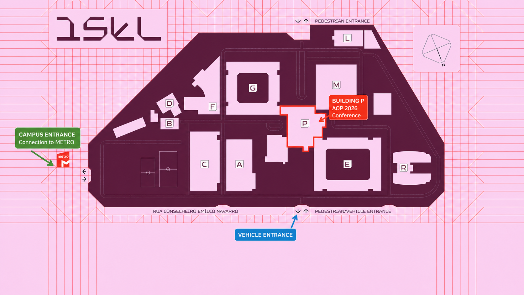 ISEL campus map showing Building P — AOP 2026 Conference venue